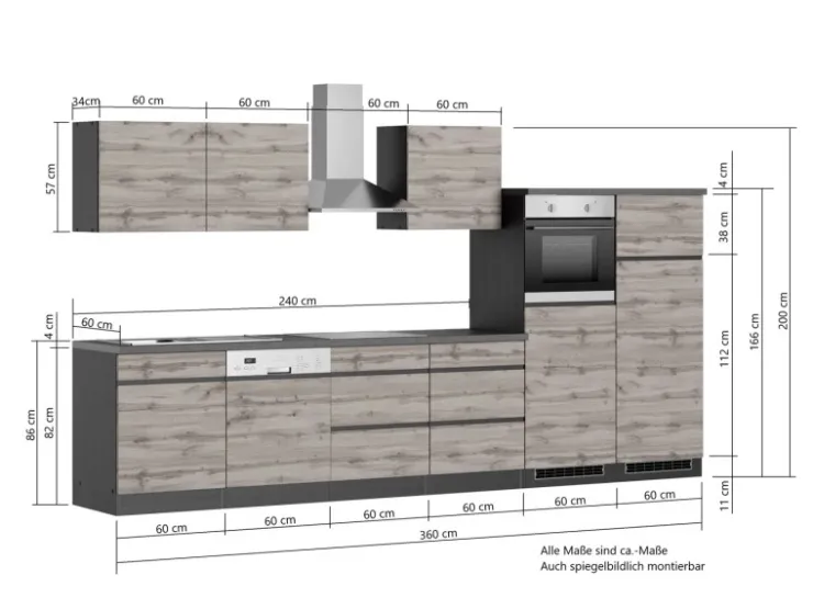 Best Held Möbel Küchenzeile Turin 360 cm mit E-Geräten Graphit-Wotaneiche