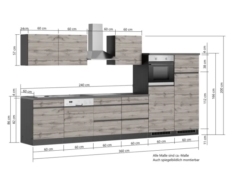 Sale Held Möbel Küchenzeile Turin 360 cm mit E-Geräten Graphit-Wotaneiche