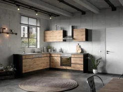 Outlet Winkelküche Turin 240 x 240 cm Wotaneiche-Graphit mit E-Geräten Winkelküchen