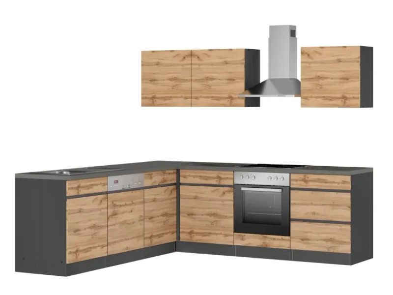 Outlet Winkelküche Turin 240 x 240 cm Wotaneiche-Graphit mit E-Geräten Winkelküchen