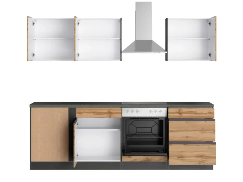 Outlet Winkelküche Turin 240 x 240 cm Wotaneiche-Graphit mit E-Geräten Winkelküchen