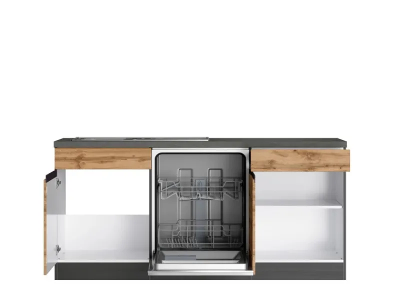 Outlet Winkelküche Turin 240 x 240 cm Wotaneiche-Graphit mit E-Geräten Winkelküchen