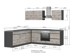 Outlet Winkelküche Turin 240 x 240 cm Wotaneiche-Graphit mit E-Geräten Winkelküchen