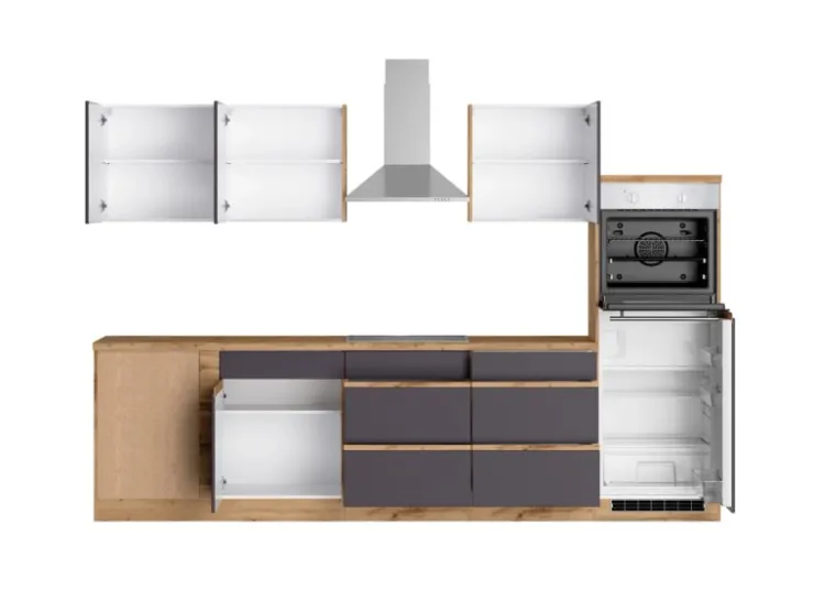 Held Möbel Kochfelder|Kühlschränke<Winkelküche Turin 300 x 240 cm mit E-Geräten Graphit-Wotaneiche