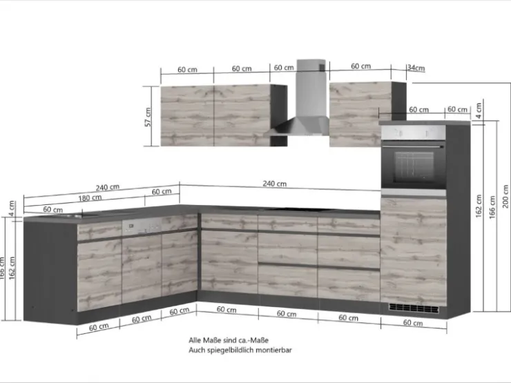 Held Möbel Kochfelder|Kühlschränke<Winkelküche Turin 300 x 240 cm mit E-Geräten Graphit-Wotaneiche