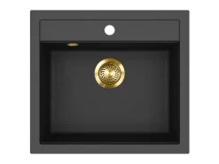 New Einbauspüle Quadro 56 cm x 51 cm Schwarz inkl. Goldventil Granitspülen