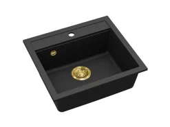 New Einbauspüle Quadro 56 cm x 51 cm Schwarz inkl. Goldventil Granitspülen