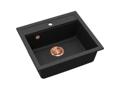 Outlet Einbauspüle Quadro 56 cm x 51 cm Schwarz inkl. Kupferventil Granitspülen
