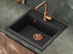 Outlet Einbauspüle Quadro 56 cm x 51 cm Schwarz inkl. Kupferventil Granitspülen