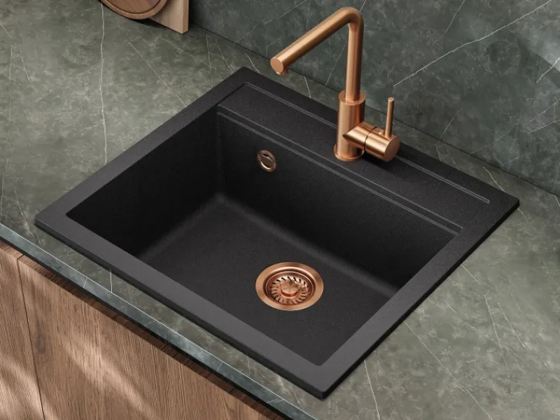 Outlet Einbauspüle Quadro 56 cm x 51 cm Schwarz inkl. Kupferventil Granitspülen