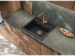 Outlet Einbauspüle Quadro 56 cm x 51 cm Schwarz inkl. Kupferventil Granitspülen