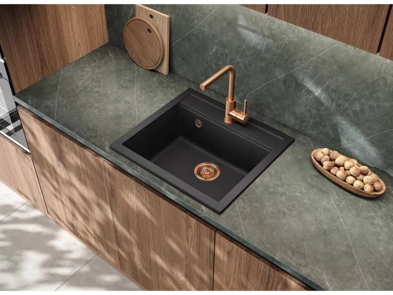 Outlet Einbauspüle Quadro 56 cm x 51 cm Schwarz inkl. Kupferventil Granitspülen