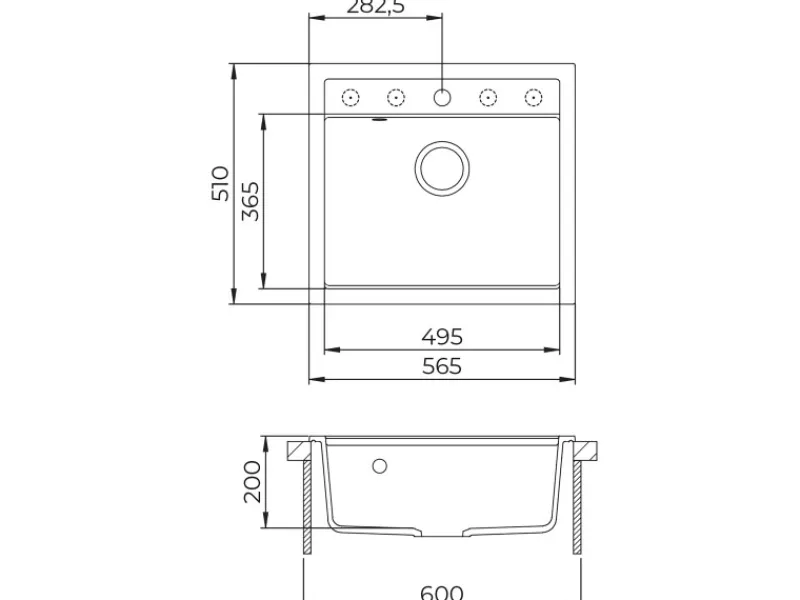 Outlet Einbauspüle Quadro 56 cm x 51 cm Schwarz inkl. Kupferventil Granitspülen