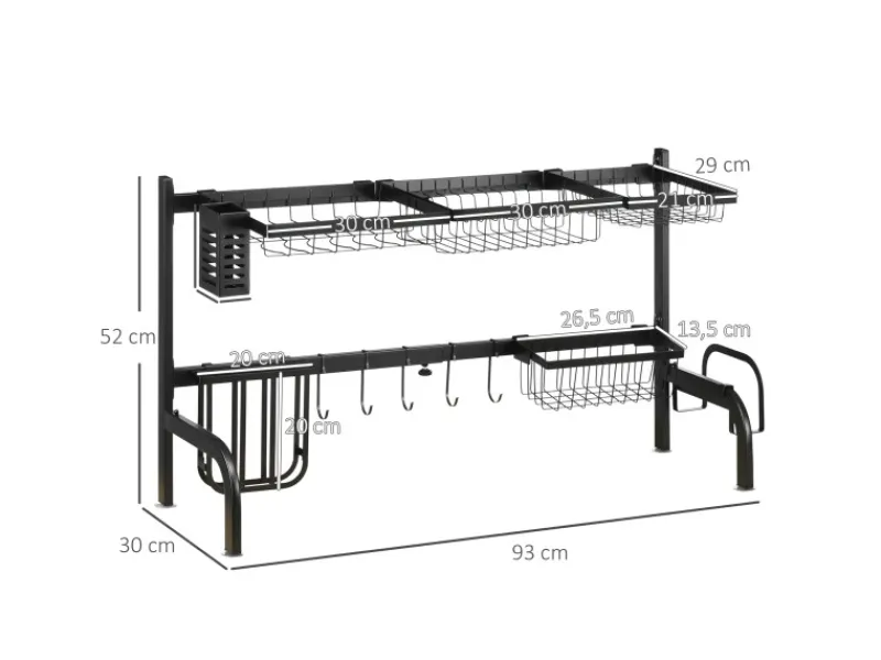 Sale Abtropfgestell Geschirr 2-Stufig 51-93 cm mit Haken Stahl Schwarz Schneidebretter|Besteckkästen