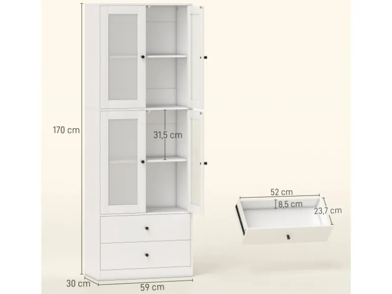 Küchenschrank Spanplatte Glas 59L x 30B x 170H cm Weiß Küchenschränke
