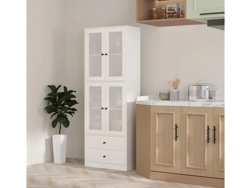 Küchenschrank Spanplatte Glas 59L x 30B x 170H cm Weiß Küchenschränke