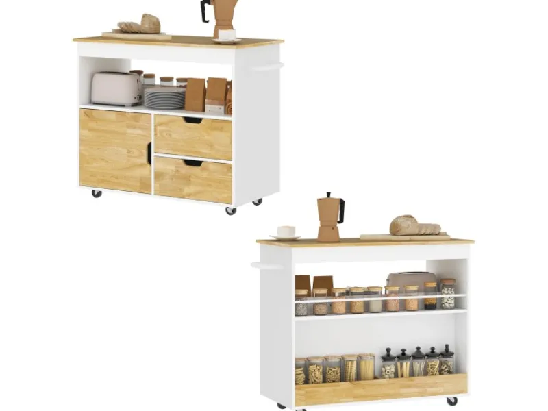 Hot Küchenwagen Spanplatte Gummiholz Eiche 107L x 50B x 85H cm Kücheninseln|Servierwagen