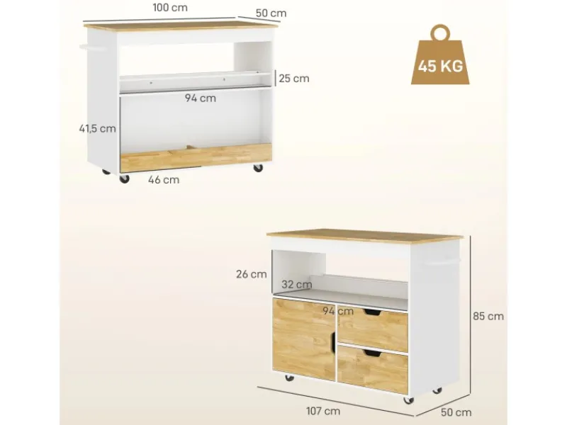 Hot Küchenwagen Spanplatte Gummiholz Eiche 107L x 50B x 85H cm Kücheninseln|Servierwagen