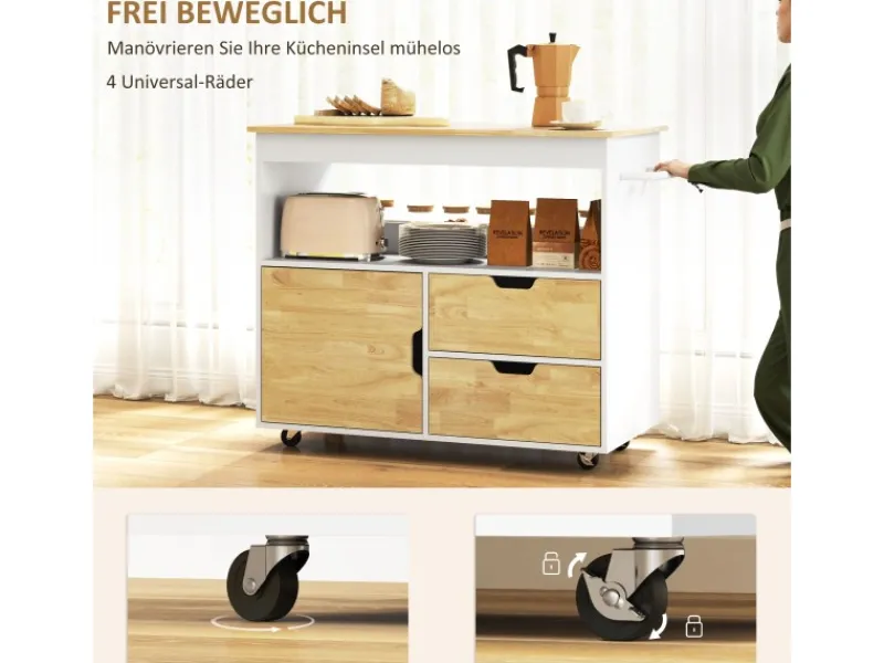 Hot Küchenwagen Spanplatte Gummiholz Eiche 107L x 50B x 85H cm Kücheninseln|Servierwagen