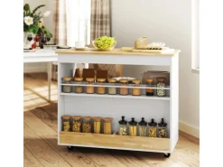 Hot Küchenwagen Spanplatte Gummiholz Eiche 107L x 50B x 85H cm Kücheninseln|Servierwagen