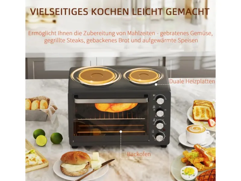 Clearance Minibackofen Edelstahl Hartglas Schwarz 48,6L x 36,3B x 33H cm Kochfelder
