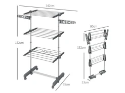Discount HOMCOM Wäschetrockner mit Rollen 3 Ebenen Klappbar Stahl Grau 142 x 55 x 152 cm