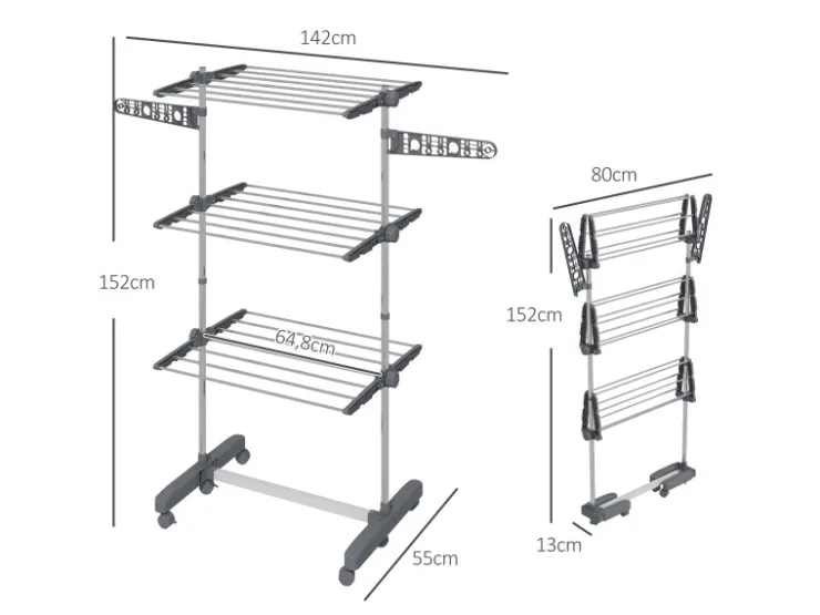 Discount HOMCOM Wäschetrockner mit Rollen 3 Ebenen Klappbar Stahl Grau 142 x 55 x 152 cm