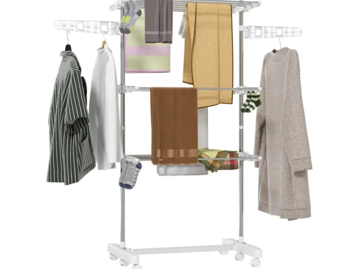 Discount HOMCOM Wäschetrockner mit Rollen 3 Ebenen Klappbar Stahl Weiß 80/142 x 55 x152cm