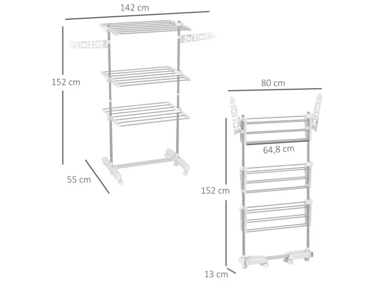 Discount HOMCOM Wäschetrockner mit Rollen 3 Ebenen Klappbar Stahl Weiß 80/142 x 55 x152cm