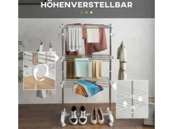 Discount HOMCOM Wäschetrockner mit Rollen 3 Ebenen Klappbar Stahl Weiß 80/142 x 55 x152cm