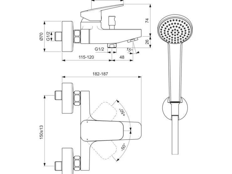 Hot Ideal Standard Badearmatur Ceraplan Chrom Aufputz mit Handbrause-Set