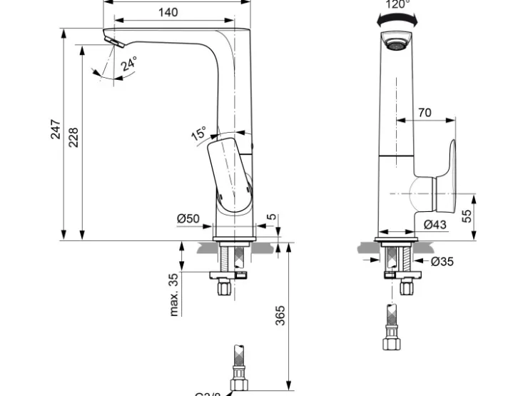 Ideal Standard Einhebelmischer<WT-Armatur Connect Air mit hohem Auslauf o.Ablaufg. Magnetic Grey Grau