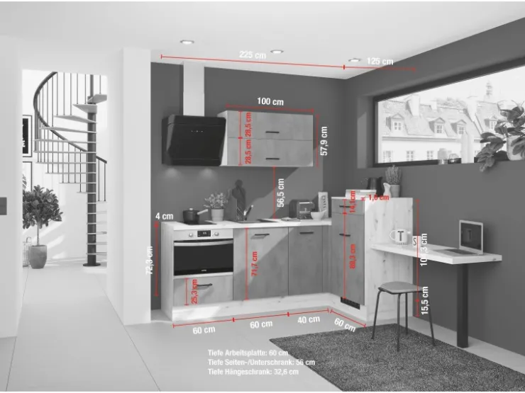 Discount Impuls Küchen Einbauküche IBZ4350HL 225 x 241 cm Beton-Optik ohne E-Geräte