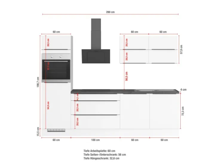 Discount Impuls Küchen Küchenzeile IBZ42807L 280 cm ohne E-Geräte Grafit
