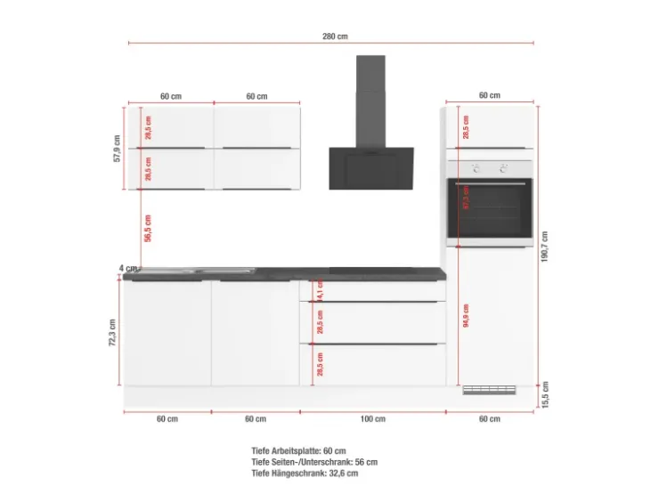 Impuls Küchen Winkelküchen|Einbauküchen<Küchenzeile IBZ4280L7 280 cm ohne E-Geräte Grafit