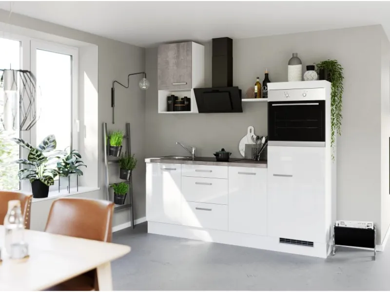 Hot Küchenzeile IKZ1215L4 215 cm Hochglanz mit E-Geräten Winkelküchen|Kühlschränke