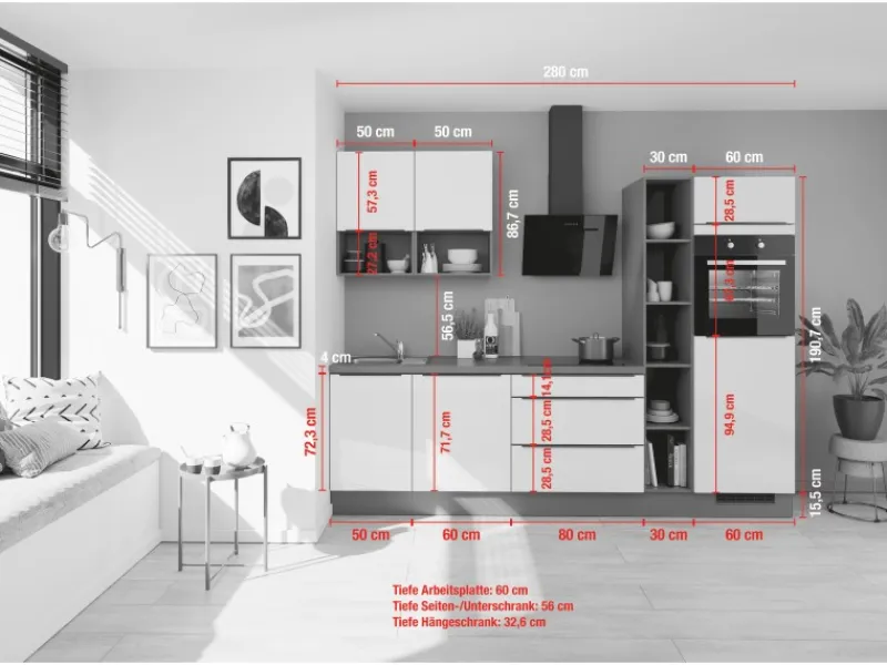 Best Küchenzeile IKZ1280O7 280 cm mit E-Geräten Einbauküchen|Kühlschränke