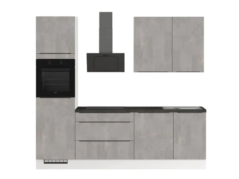 Hot Küchenzeile IKZ1260R5 260 cm Beton-Optik Natur mit E-Geräten Winkelküchen|Einbauküchen