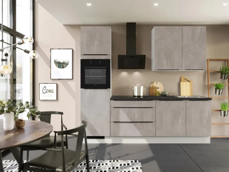 Hot Küchenzeile IKZ1260R5 260 cm Beton-Optik Natur mit E-Geräten Winkelküchen|Einbauküchen