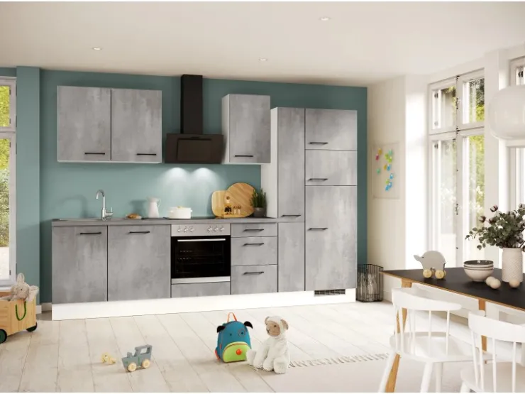 Clearance Impuls Küchen Küchenzeile IKZ1310X8 310 cm -Optik natur mit E-Geräten Beton