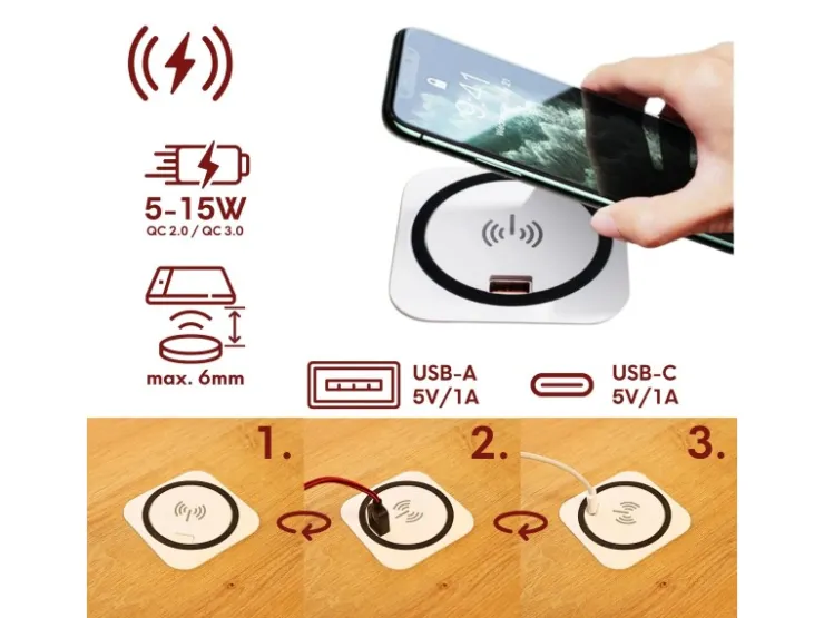 Outlet kalb Einbau Schnellladegerät 15W 7,5cm Druchmesser Kabelloses Laden 2x USB-Ports Induktionsladegerät Weiß
