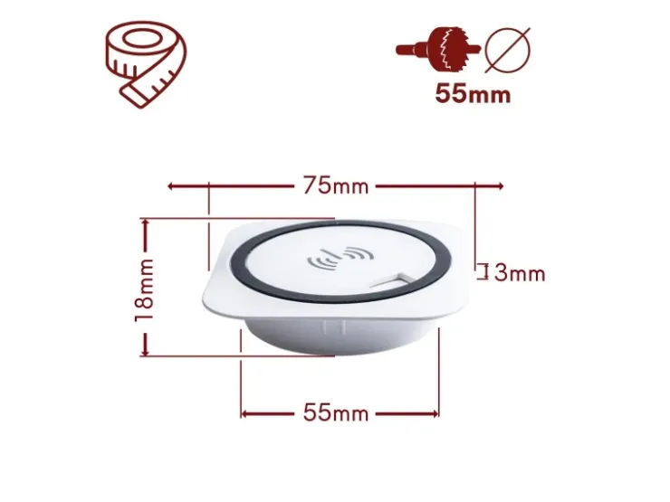 Outlet kalb Einbau Schnellladegerät 15W 7,5cm Druchmesser Kabelloses Laden 2x USB-Ports Induktionsladegerät Weiß