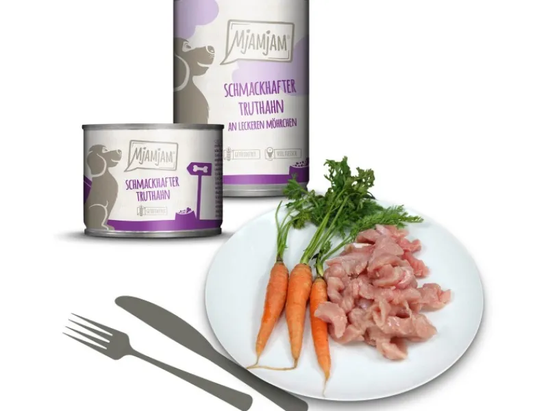 Sale Mjamjam Nassfutter Hund Schmackhafter Truthahn an Leckeren Möhrchen 200 g Kühlschränke