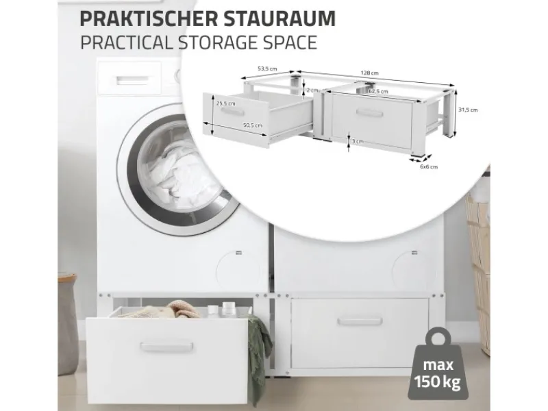 Clearance Doppel Waschmaschinen Untergestell 2 Schubladen Weiß 128x53,5x31,5 cm Waschmaschinen