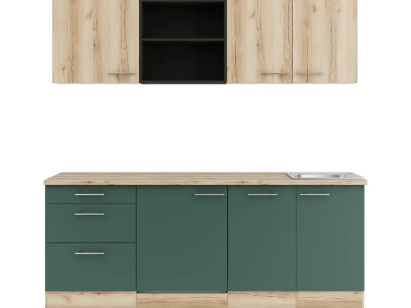 Best Küchenzeile KPLS 2199R-9+ Liv.290/Sav.405 Wildeiche Nb./Steingrün 210cm Kühlschränke|Winkelküchen