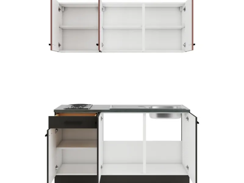 Clearance Nizza407/Madrid420 Miniküche 150 cm Rostrot / Anthrazit Miniküchen|Kochfelder