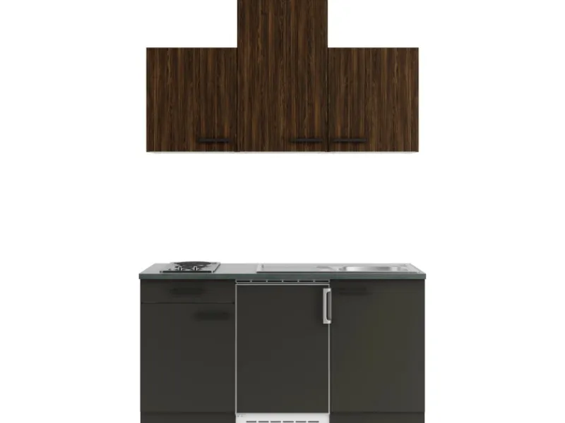 Best Rimini409/Madrid420 Miniküche 150 cm Rillendekor Nussbaum/ Anthrazit Miniküchen|Kochfelder