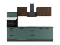 Best Optifit Rimini409/Verona405 Küchenzeile 270 cm Rillendekor Nussbaum / Steingrün