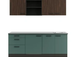 Clearance Optifit Rimini409/Verona405 Küchenzeile 210 cm Rillendekor Nussbaum / Steingrün