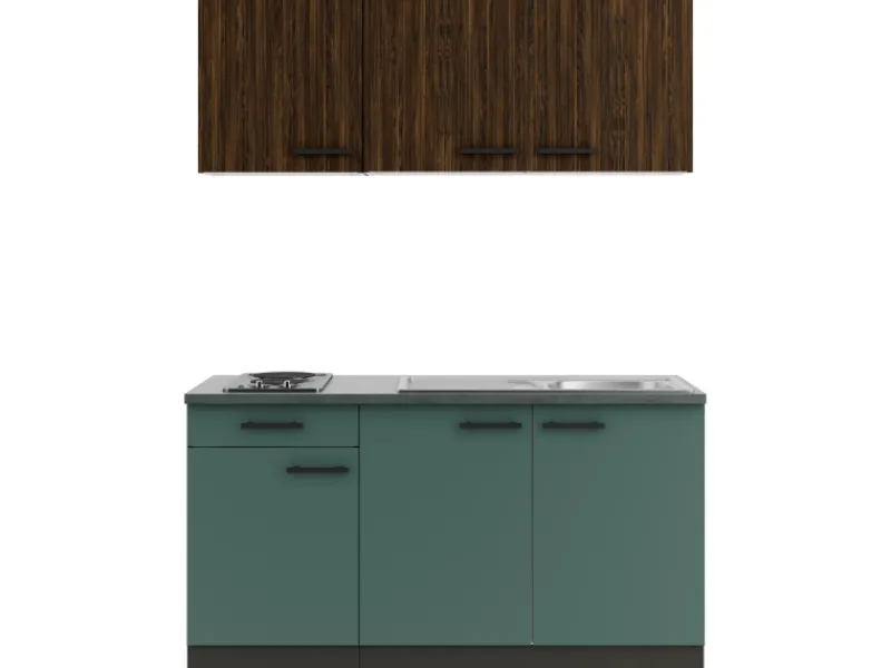 Discount Rimini409/Verona405 Miniküche 150 cm Rillendekor Nussbaum / Steingrün Miniküchen|Kochfelder